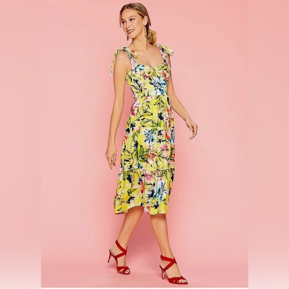 NWOT Eliza J Dress Size 6 Yellow Tiered Midi Dress in a Floral Print - Picture 1 of 14